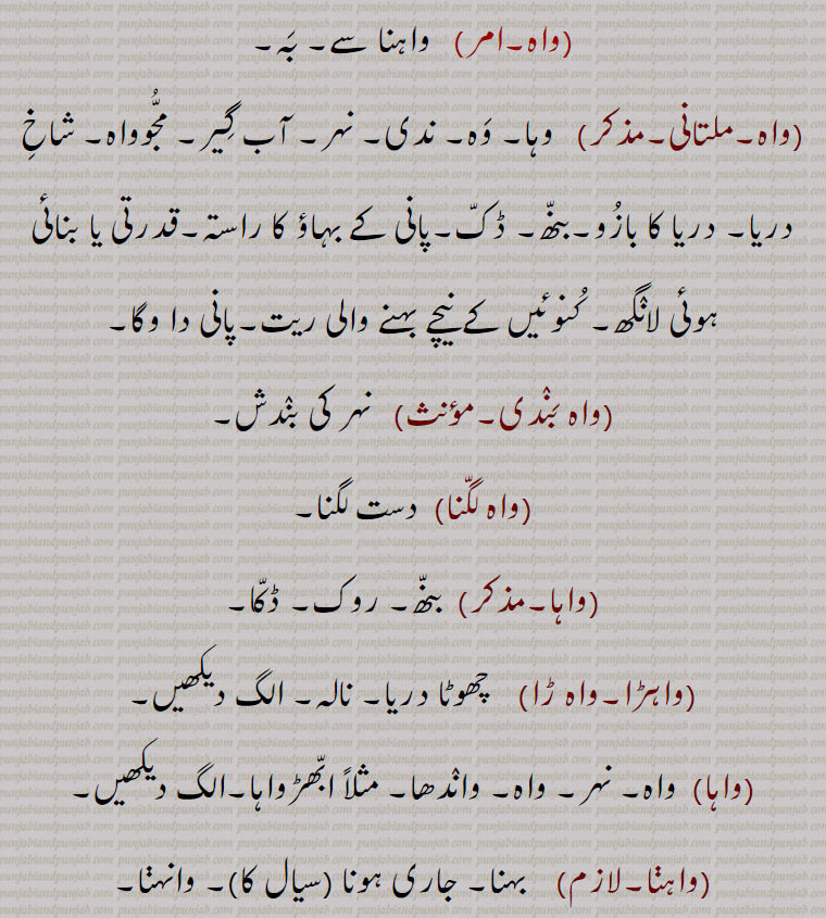   واہ , بہ, وہا۔ وہ۔ ندی۔ نہر۔ آب گیر۔ مجوواہ۔ شاخ دریا۔ دریا کا بازو۔بنھ۔ ڈک۔پانی کے بہاؤ کا راستہ۔قدرتی یا بنائی ہوئی لانگھ۔ کنوئیں کے نیچے بہنے والی ریت۔پانی دا وگا,واہ بندی,واہ لگنا,  دست لگنا,واہا,واہڑا۔
