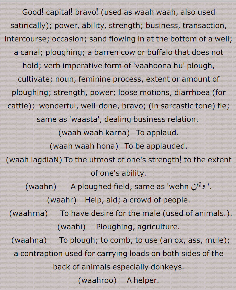 Good! capital! bravo! (used as waah waah, also used satirically); power, ability, strength; business, transaction, intercourse; occasion; sand flowing in at the bottom of a well; a canal; ploughing; a barren cow or buffalo that does not hold; verb imperative form of 'vaahoona hu' plough, cultivate; noun, feminine process, extent or amount of ploughing; strength, power; loose motions, diarrhoea (for cattle);  wonderful, well-done, bravo; (in sarcastic tone) fie; same as 'waasta', dealing business relation. ,waah waah karna,   To applaud.,waah waah hona,To be applauded.,waah lagdiaN, To the utmost of one's strength! to the extent of one's ability.,waahn,waahr,    Help, aid; a crowd of people.,waahrna,     To have desire for the male (used of animals.).,waahi,     Ploughing, agriculture.,waahna,     To plough; to comb, to use (an ox, ass, mule); a contraption used for carrying loads on both sides of the back of animals especially donkeys.,waahroo,    A helper.,waahoo,     The same (used in poetry); a worker (from waahn); a working bullock; the spindle of a spinning-wheel.,waahuna,     To plough; to comb; to unmoor; to cause to suit; to fire a gun; to wield a sword; to use an ox or other beast.,waah launi,   Phrase to try, strain, endeavour with utmost 'waah',,waahwa,     Good, well; substantial, ample; noun,
feminine praise, approbation, accolade, applause; interjection same as 'waah'.,vahiguru, vahaguru,   Sikhs' name for ultimate reality or God, (literally wondrous preceptor or
enlightener),waahi,   Process or act of ploughing, tillage, tilth;
agriculture; adjective & verb ploughed.,waah lagna, waah lagni,   To suffer from 'waah'; loose motions, diarrhoea (for cattle).,
 waah
