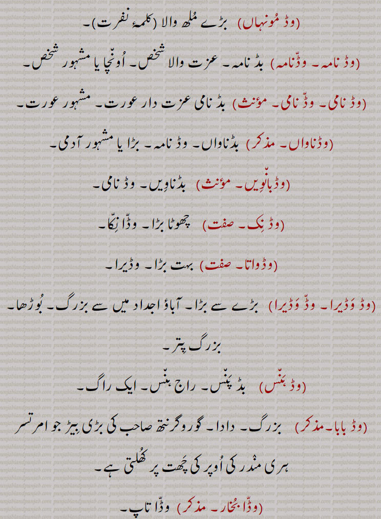 وڈ مونہاں,  وڈنامہ,  وڈ نامی,وڈناواں,وڈبانویں,وڈ نک,وڈواتا,  وڈ وڈیرا,وڈ ہنس, بڈ پنس, راج ہنس,وڈ بابا,وڈا بخا,