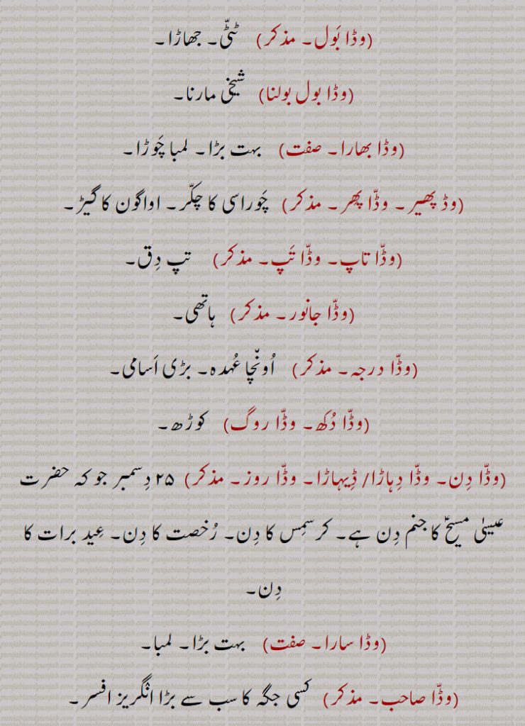 وڈا بول,وڈا بول بولنا,وڈا بھارا,  وڈا پھر,  وڈا تپ,وڈا جانور,وڈا درجہ,وڈا دکھ۔ وڈا روگ,وڈا دن, وڈا دہاڑا, ڈیہاڑا, وڈا روز,وڈا سارا,وڈا صاحب,