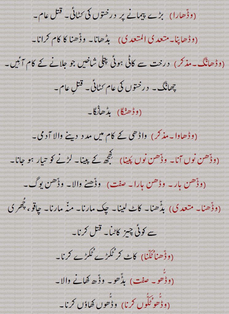 وڈھارا,وڈھاپنا,وڈھانگ,وڈھنگا,وڈھاوا,وڈھن نوں آنا, وڈھن نوں پینا,وڈھن ہار۔ وڈھن ہارا,وڈھنا,وڈھنا ٹکنا,وڈھو, بڈھو,وڈھ کھانے والا 
 وڈھو ٹکوں کرنا,