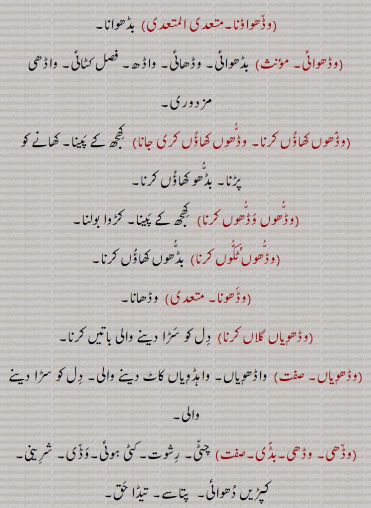 وڈھواؤنا,وڈھوائی,وڈھوں کھاؤں کرنا, وڈھوں کھاؤں کری جانا,وڈھوں وڈھوں کرنا,وڈھوں ٹکوں کرنا,وڈھونا,وڈھوٖیاں گلاں کرنا,وڈھوٖیاں,وڈھی, وڈھی۔بڈی