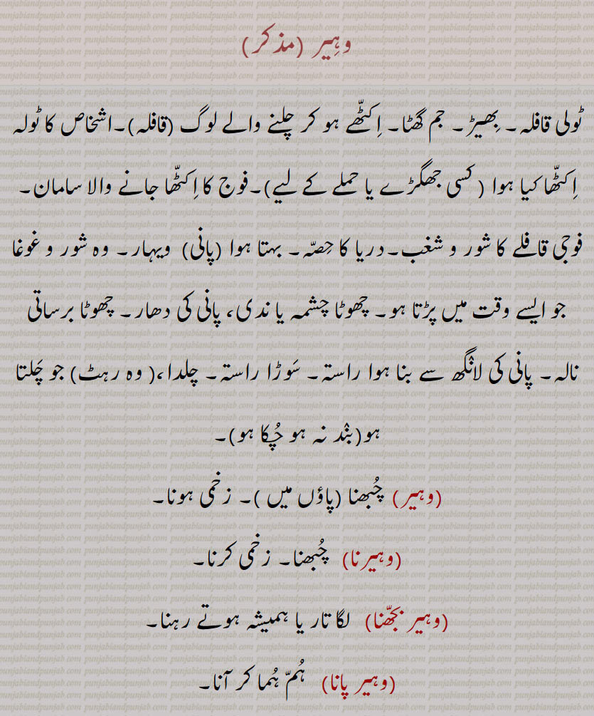 وہیر,ٹولی قافلہ۔ بھیڑ۔, فوجی قافلے کا شور و شغب۔دریا کا حصہ۔ بہتا ہوا , چھوٹا چشمہ یا ندی، پانی کی دھار,سوڑا راستہ,  چبھنا ,وہیرنا)   چبھنا,وہیر بجھنا,وہیر پانا,   ہم ہما کر آنا۔