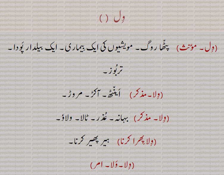   ول, ول,ولا,ولا,ولا پھرا کرنا,ولا,ولانا,ولاونا,ولاوڑا,ولایا,