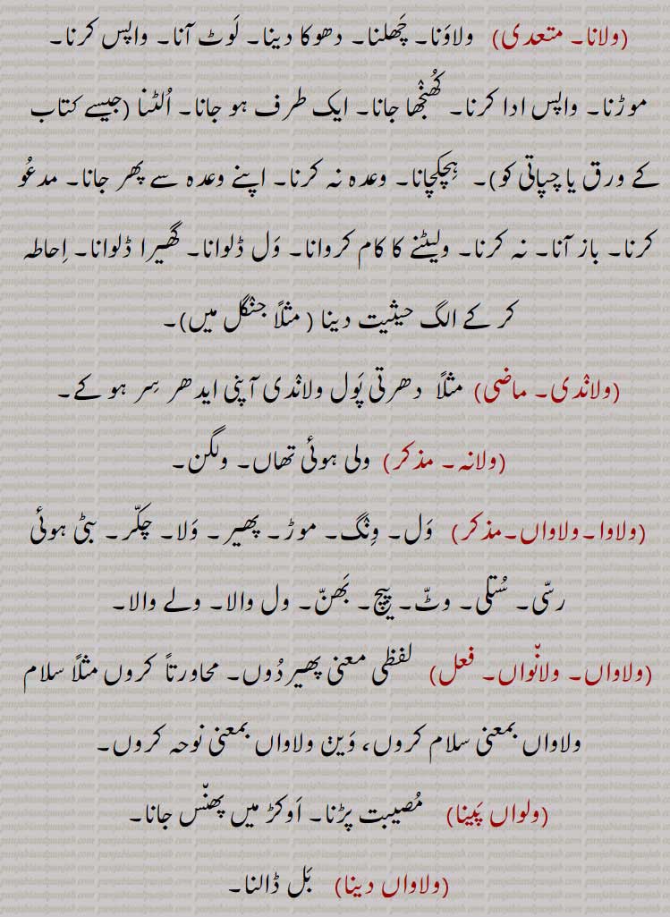 ولانا,ولاندی,ولانہ,ولاوا,ولاواں,ولاواں,ولانواں,ولواں پینا,ولاواں دینا,