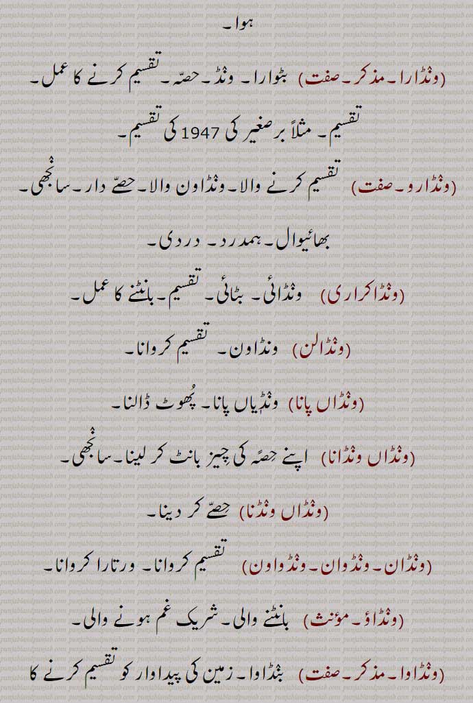 ونڈارا, ونڈارو, ونڈاکراری, ونڈالن, ونڈاں پانا, ونڈاں ونڈانا, ونڈاں ونڈنا, ونڈان,ونڈوان,ونڈواون, ونڈاوا,