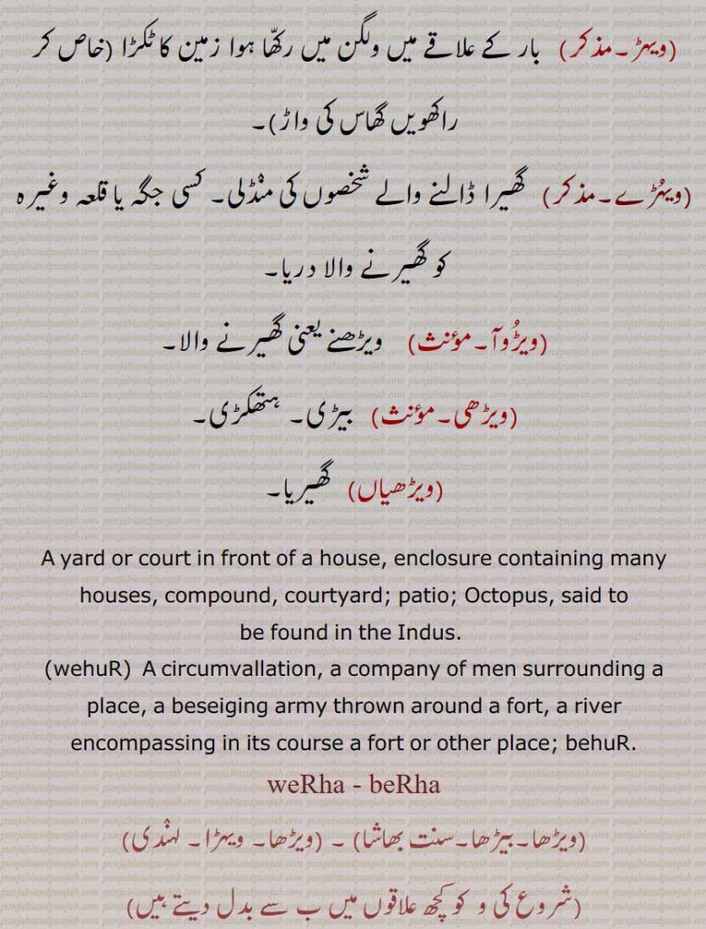 ویہڑے,ویڑوآ,ویڑھی,ویڑھیاں,
wehuR,behuR,weRha, beRha, ਵੇੜ੍ਹਾ, ਵੇਹਡ਼ਾ,ਵਿਹਡ਼ਾ,ਵੇਡ਼੍ਹਾ, , 