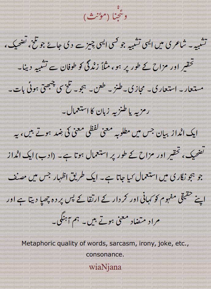  وئنجنا,تشبیہ,طنز,ہم آہنگی, ہجو,wianjana,ਵਿਅੰਜਨਾ,Metaphoric quality of words, sarcasm, irony, joke,  consonance , 