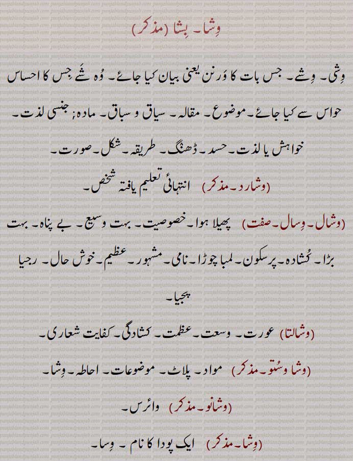 وشا, بشا, وشی, وشے,بیان ,موضوع, مقالہ,وشارد, انتہائی تعلیم یافتہ شخص,وشال,وسال, بہت وسیع, کشادہ,مشہور,عظیم,وشالتا, وسعت, کشادگی,وشا وستو, مواد, پلاٹ,موضوعات,وشانو, وائرس,  ایک پودا کا نام , وسا,