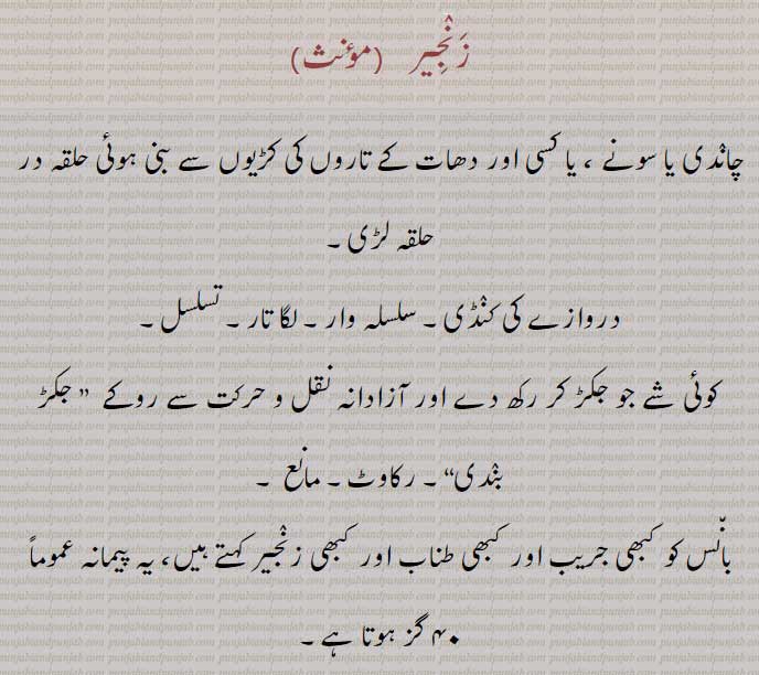 زیور, ,گہنا,بُھوکھن,النکار,ٹُوم,ٹومب,ٹونب چھلا,
  ,کنڈی,رکاوٹ, تسلسل, لڑی, طناب, جریب,    جریب۔ مالا۔ پینڈینٹ۔ لچھے۔ تورا۔,
