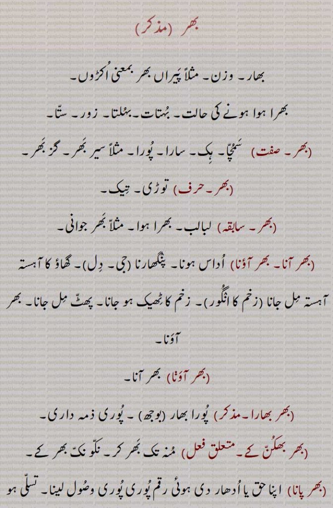 بھر , بھار, وزن, مثلاً پیراں بھر بمعنی اکڑوں,بھرا ہوا ہونے کی حالت, بہتات,بہلتا, زور, ستا, سمچا, ہک, سارا, پورا, مثلاً سیر بھر, گز بھر, توڑی, تیک, لبالب,