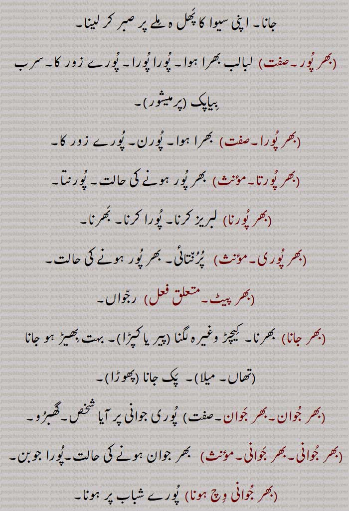, بھرا ہوا, مثلا بھر جوانی,بھر آنا, بھر آؤنا,بھر آوڽا,بھر بھارا,مذکر)  پورا بھار (بوجھ) , پوری ذمہ داری بھر بھکن کے,