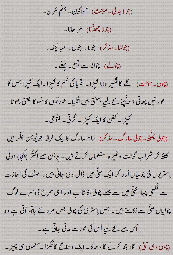 چولا بدلی,چولا چھڈنا,چولنا,چولے,چولی,چولی پنتھ,چولی مارگ,چولی دی تنی 
,چولی دا سنگ,چولی دی جوں,چولے دی جوں ہوونا,چولا,چولے,جمع,