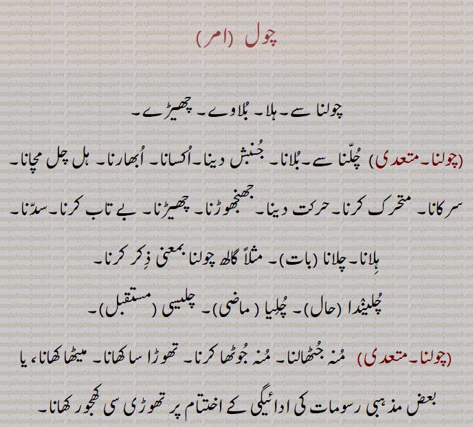 چول ,  ہلا, بلاوے, چھیڑے,چولنا,اکسانا, ابھارنا, ہل چل مچانا, سرکانا, متحرک کرنا,حرکت دینا,جھنجھوڑنا, چھیڑنا, بے تاب کرنا,سدنا,ہلانا, چلیندا , چلیا ,چلیسی , پرکھنے کا عمل, پرکھ, بھال,چول پچول,پرکھ پڑچول, کھوج,چول پڑچول, چھان بین, گول پھول,چول پھول کرنا, پولی جگہ,   نیچی جگہ جہاں سم کر,
