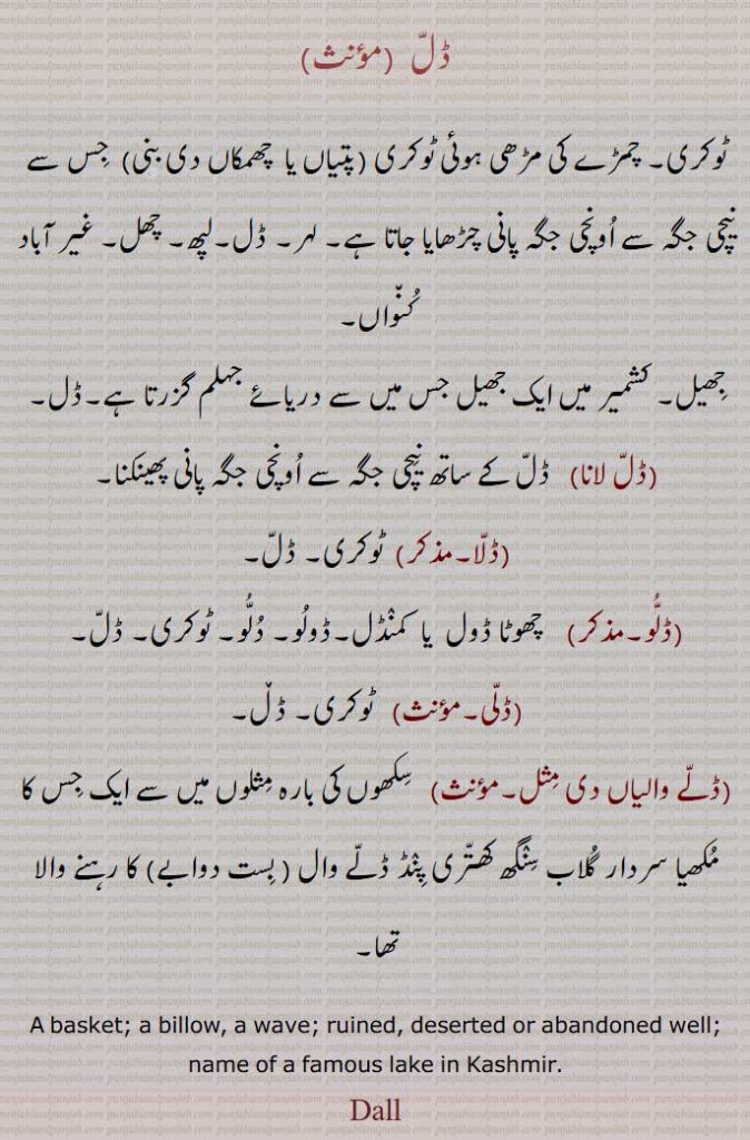ڈل ,ٹوکری, چمڑے کی مڑھی ہوئی ٹوکری (پتیاں یا  چھمکاں دی بنی)  جس سے نیچی جگہ سے اونچی جگہ پانی چڑھایا جاتا ہے, لہر, ڈل,لپھ, چھل, غیر آباد کنواں,
جھیل, کشمیر میں ایک جھیل جس میں سے دریائے جہلم گزرتا ہے،ڈل لانا،ڈلا،ڈلُو،    چھوٹا ڈول ،  کمنڈل,ڈولو،ڈلی،ڈلے والیاں دی مثل، سردار گلاب سنگھ کھتری,A basket; a billow, a wave; ruined, deserted or abandoned well; name of a famous lake in Kashmir,Dall, ڈلّ,   ਡੱਲ ,