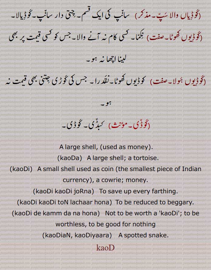 ,kaoDa,  A large shell; a tortoise,kaoDi,kaoDi kaoDi joRna,kaoDi kaoDi toN lachaar hona,kaoDi de kamm da na hona,kaoDiaN, kaoDiyaara,  A spotted snake,کَوڈ ,کَوڈی, کوڈ ,کوڈی, kaod, kaud, kaodi, kaudi,  ਕੌਡ, ਕੌਡੀ, ਕਊਡ, ਕੌਡਾ, ਕਉਡਾ,