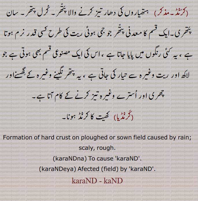 Formation of hard crust on ploughed or sown field caused by rain; scaly, rough, karaNDna,karaNDeya,   کنڈ , کرنڈ, karaND , kaND, ਕਰੰਡ, ਕੰਡ,  ਕਰੰਡਣਾ,  ਕਰੰਡਿਆ,  