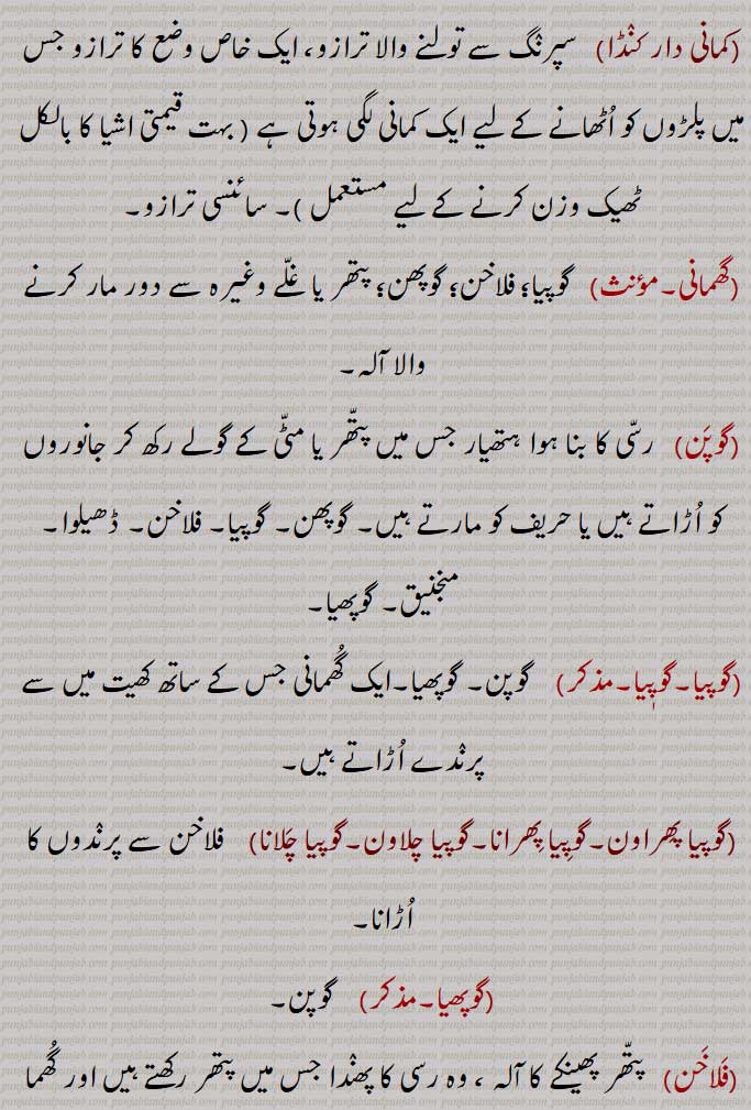  رسی کا بنا ہوا ایک آلہ جس میں پتھر یا مٹی کا غلہ رکھ کر اور ہاتھ سے گردش دے کر پھینکتے ہیں,غلیل,ڈھینڈا,گوہڑا, مٹی کے گلیلے (غلہ) جن کوکھیتوں سے پرندوں کو اڑانے کے لیے گوفن وغیرہ میں ڈال کر پھینکتے ہیں