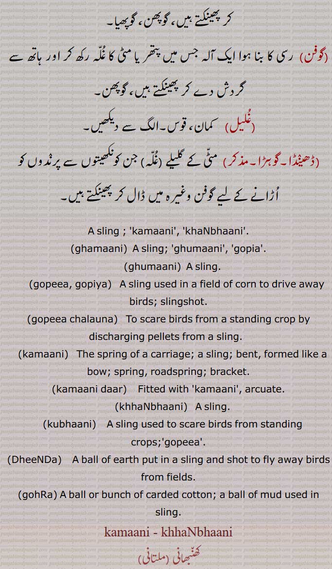 A sling ,kamaani, khaNbhaani, ghamaani, ghumaani, gopia, ghumaani, gopeea, gopiya, A sling used in a field of corn to drive away birds; slingshot,gopeea chalauna, To scare birds from a standing crop by discharging pellets from a sling.  ,kamaani, kamaani daar, Fitted with 'kamaani', arcuate, khhaNbhaani, kubhaani, DheeNDa, gohRa, A ball or bunch of carded cotton; a ball of mud used in sling,kamaani , khhaNbhaani,  ਘਮਾਣੀ ,  ਘੁਮਾਣੀ, ਗੋਹਡ਼ਾ, ਗੋਪੀਯਾ,   ਗੋਪੀਆ , ਕਮਾਣੀ ,   ਖਨਭਾਨੀ,   ਕੁਭਾਣੀ ,  ਢੀਂਡਾ,