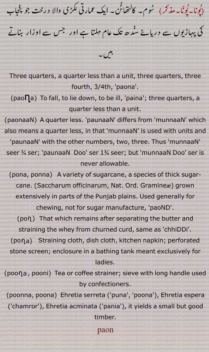 quarters, a quarter less than a unit, three quarters, three fourth, 3/4th,  paona,paunaaN,munnaaN,pona, ponna,Saccharum officinarum, Nat. Ord. Gramineae,paoND,pon,,pona, poona, Ehretia serreta,puna,poona, Ehretia espera ,chamror,Ehretia acminata,pania,pon, پون,پونا,pon,ਪੋਨ,ਪੋਣ,pona, ਪੋਨਾ, ਪੋਣਾ,پَون,paon,ਪੌਣ,ਪੌਨ, paona,ਪੌਣਾ, pauna , ਪਉਣਾ,paunaan ,paonaan ,ਪੌਨਾਂ, ponna, ਪੋੱਨਾ , pona,ਪੋਨਾ ,poona, puna,ਪੂਨਾ , chhaddi, ਛਿੱਡੀ, ਪੋਣਾ,poni ,ਪੋਣੀ,paonD,pound, ਪੌਂਡ,pooni, poona, poonna,  پَون,paun,  