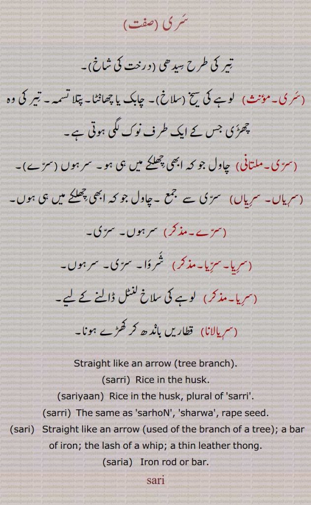 سری ,تیر کی طرح سیدھی,درخت کی شاخ,  لوہے کی سیخ (سلاخ), چابک یا چھانٹا,پتلا تسمہ, تیر کی وہ چھڑی جس کے ایک طرف نوک لگی ہوتی ہے,,چاول جو کہ ابھی چھلکے میں ہی ہو, سرہوں ,سرے,سریاں,سریا,شروا,سرسوں,,سریالانا, Straight like an arrow,tree branch,sarri,  Rice in the husk,sariyaan,sarri,sarhoN, sharwa, rape seed,sari,  Straight like an arrow ,a bar of iron, the lash of a whip, a thin leather thong,saria,   Iron rod or bar,  ,ਸਰਿਆਂ, ਸੱਰੀ , ਸੱਰਿ, ਸੱਰਿਆ , ਸਰੀਆ, sari, سَری, ਸਰੀ,