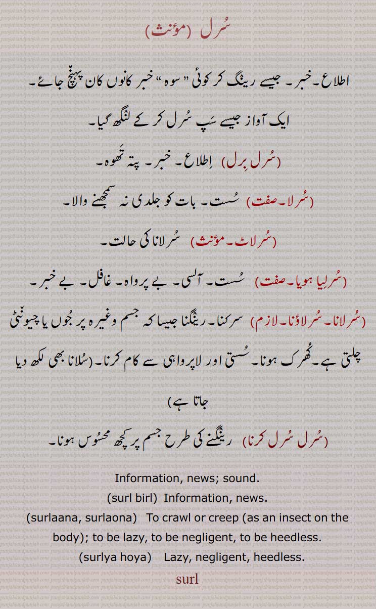 سرل , اطلاع,خبر, جیسے رینگ کر کوئی ” سوہ “ خبر کانوں کان پہنچ جائے,
ایک آواز جیسے سپ سرل کر کے لنگھ گیا,,سرل برل,سرلا,سرلاٹ, سرلانا کی حالت,,سرلیا ہویا,,سرلانا,,سرل سرل کرنا,  رینگنے کی طرح جسم پر کچھ محسوس ہونا,, Information, News,surlauna,surlaana, surlaona, ਸੁਰਲਾਉਣਾ, To crawl or creep,ਸੁਰਲਿਆ ਹੋਇਆ, surliahoia,surliaahoia ,surlya hoya,ਸੁਰਲਿਆ ਹੋਇਆ , Lazy, negligent, ,sural , ਸੁਰਲ,