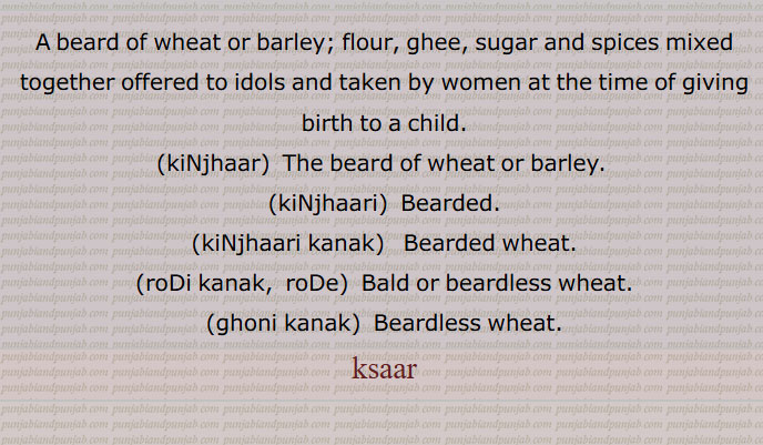  A beard of wheat or barley; flour, ghee, sugar and spices mixed together offered to idols and taken by women at the time of giving birth to a child,kiNjhaar,  The beard of wheat or barley,kiNjhaari,kiNjhaari kanak,roDe kanak, ghoni kanak, kiNjhaari, kiNjhaari, kijhaari, kijhari, kiNjhari, ksar, ksaar, kasaar, ਕਸਾਰ, ਰੋਦੇ, ਘੋਨ, ਕੰਝਾਰ, 