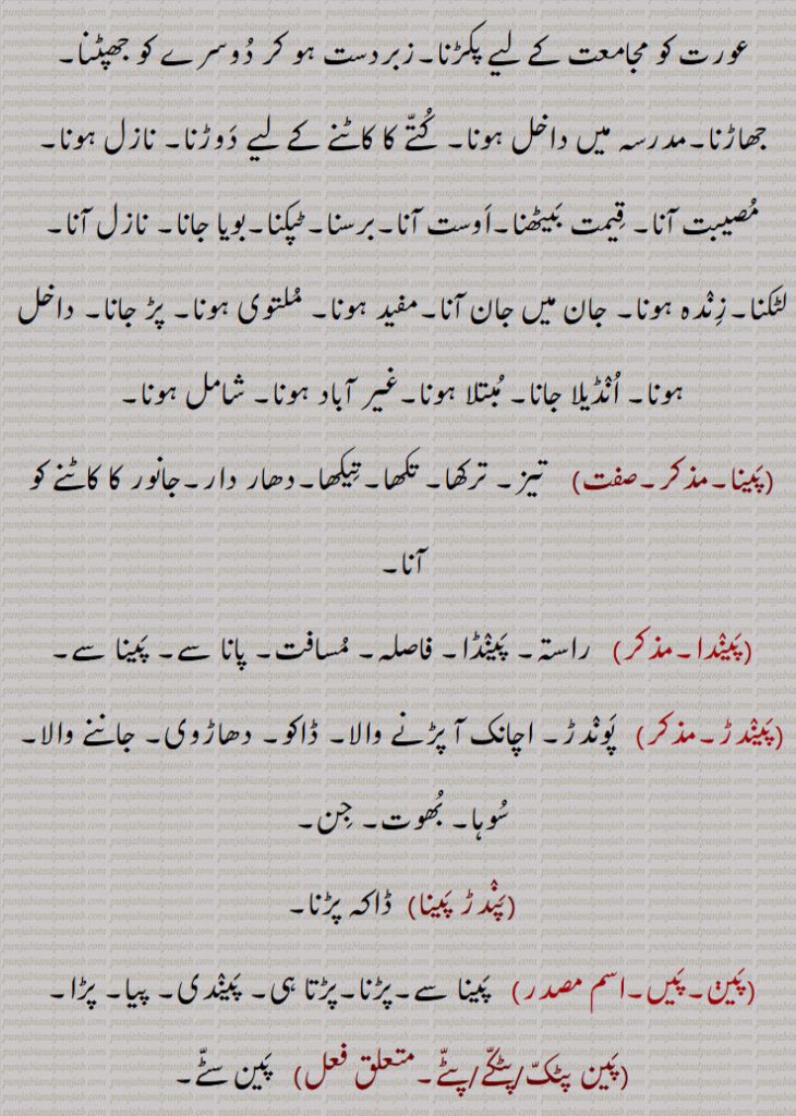 پے, پینا سے,پے  فعل،  پون مصدر سے امر  پواں,پے جانا,  کسی کے پیچھے پڑ جانا,پے رہنا,پین,پینا,,