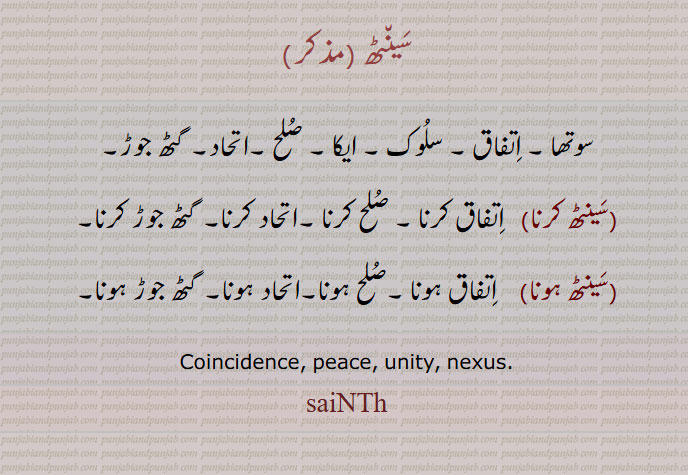 سینٹھ, سوتھا , اتفاق , سلوک , ایکا , صلح ,اتحاد, گٹھ جوڑ, سینٹھ کرنا,سینٹھ ہونا, Coincidence, peace, unity, nexus, saiNTh, سَین٘ٹھ , ਸੇਂਠ