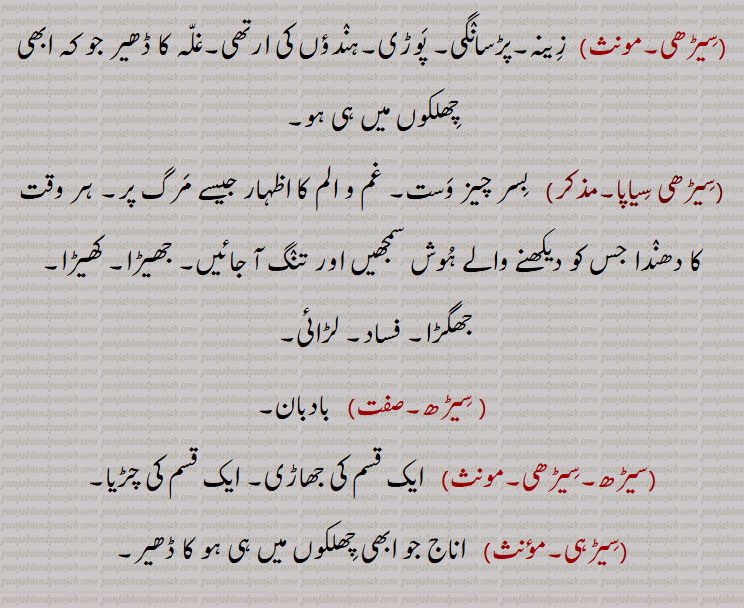 مچھی,سیڑھ گھڑی,سیڑھ وٹنا.سیڑھ بٹنا,سیڑھا,سیڑھی,زینہ,پڑسانگی, پوڑی,ارتھی,غلہ کا ڈھیر,سیڑھی سیاپا,,سیڑہی, 