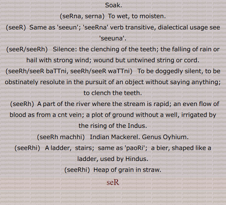 Soak, seRna, serna, To wet, to moisten, seeR, seeR/seeRh, seeRh/seeR baTTni, seeRh/seeR waTTni, seeRh, seeRh machhi, seeRhi, seeRhi, seR,سیڑ, ser, sir,ਸੇੜ,ਸੇਡ਼, ਸੀਡ਼,,ਸੀੜ,ਸੀੜ੍ਹ , serna,  ਸੇੜਨਾ, ਸੇਰਨਾ, ਸੀਡ਼੍ਹ, sirh,seerh,  ਸੀਡ਼੍ਹ ,
   ਸੀੜ੍ਹੀ , sirhi, seerhi,  ladder,  سیڑھ, سیڑھی,سیڑہی,