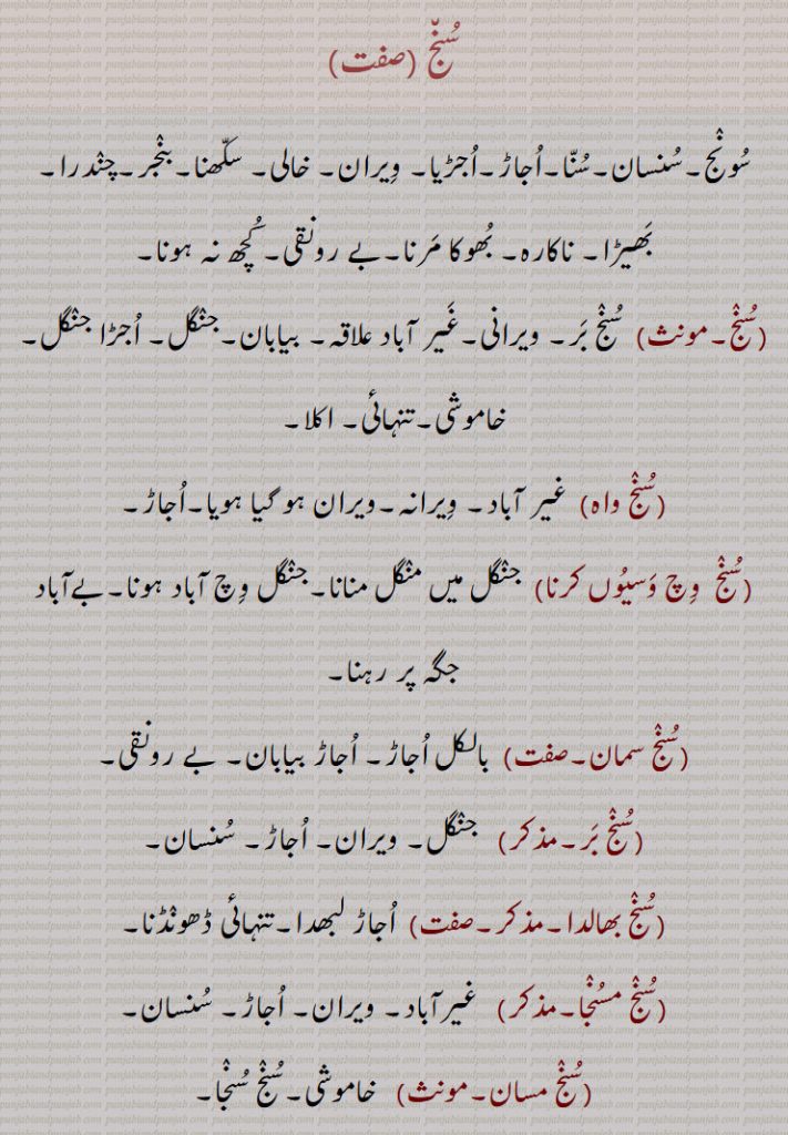 سنج ,سونج,سنسان,سنا,اجاڑ,اجڑیا, ویران, خالی, سکھنا,بنجر,چندرا, بھیڑا, ناکارہ, بھوکا مرنا,بے رونقی, کچھ نہ ہونا,
, سنج بر, ویرانی,غیر آباد علاقہ, بیابان,جنگل, 