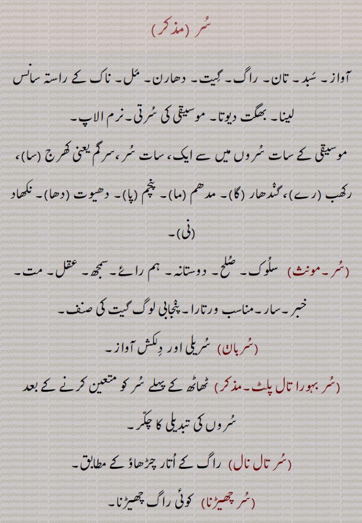 سر ,آواز, سبد, تان, راگ, گیت, دھارن, مل, ناک کے راستہ سانس لینا, بھگت دیوتا, موسیقی کی سرتی,نرم الاپ, موسیقی کے سات سروں میں سے ایک، سات سر،