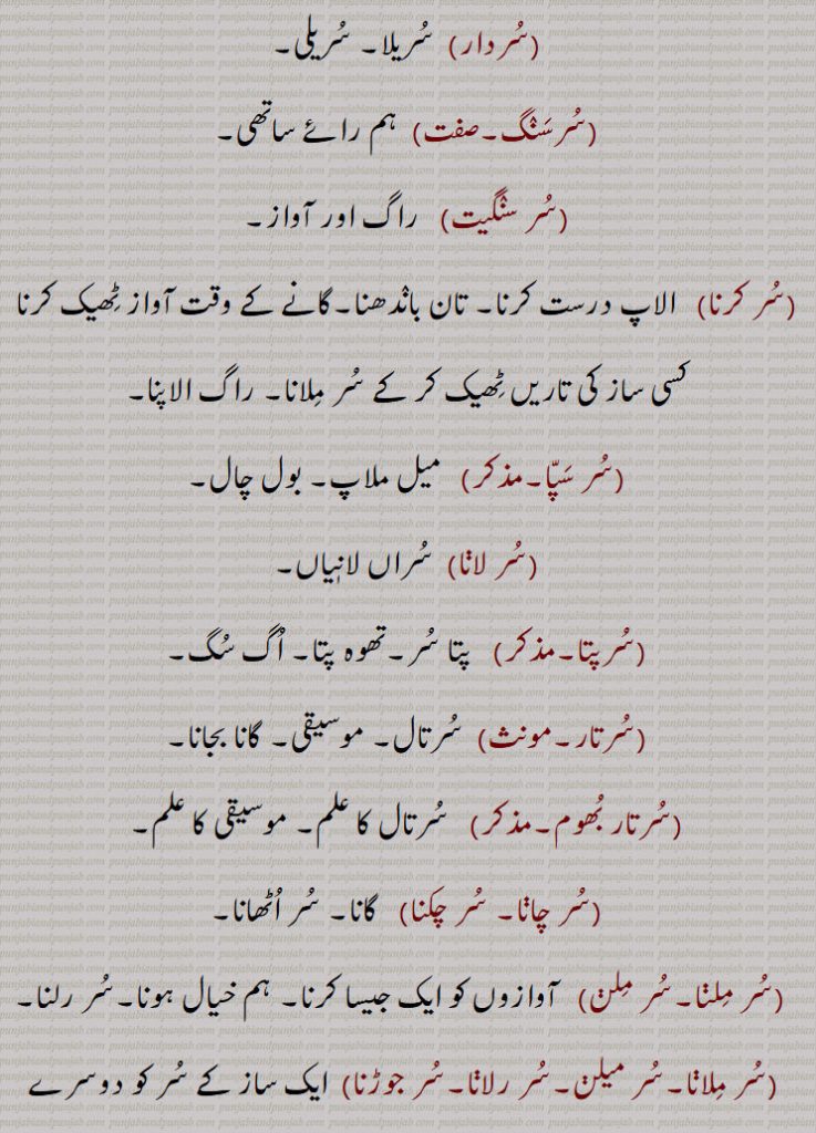 سرگم یعنی کھرج (سا)، رکھب (رے)، گندھار (گا), مدھم (ما), پنچم (پا), دھیوت (دھا), نکھاد (نی),