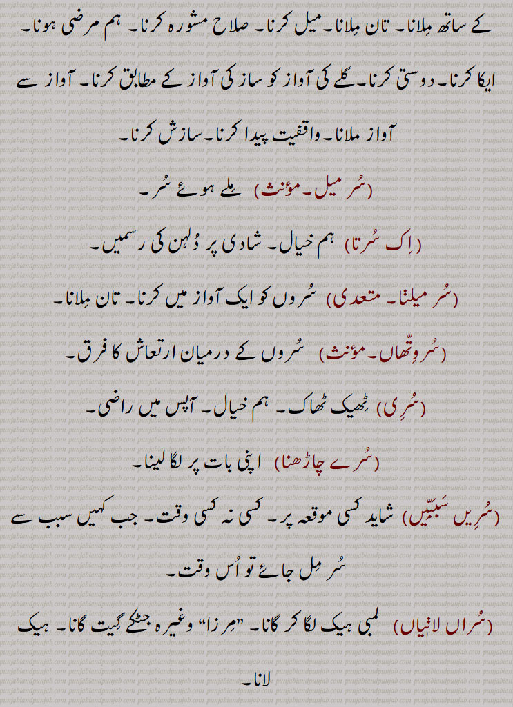 , سلوک, صلح, دوستانہ, ہم رائے,سمجھ, عقل, مت,خبر,سار,مناسب ورتارا,پنجابی لوگ گیت کی صنف,,سربان,سر بہورا تال پلٹ,سر تال نال,سر چھیڑنا ,سُر دار,سرسنگ,سر سنگیت,سُر کرنا,سر سپا,سُر لانا,سرپتا,سرتار,سرتار بھوم,سر چانا, 