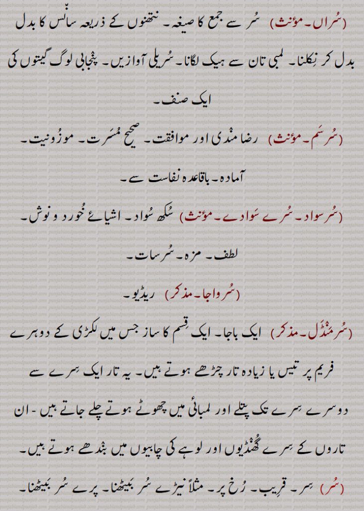  سر چکنا,سُر ملنا,سُر ملن,سُرملانا,سُر میلن,سُر رلانا,سُر جوڑنا,سُر میل, اک سرتا,سر میلنا,سروتھاں,سُری,سُرے چاڑھنا,سُریں سببیں,سُراں لاڽٖیاں,سُراں,سُرسم,سرسواد,سُرے سوادے,سرمنڈل,,