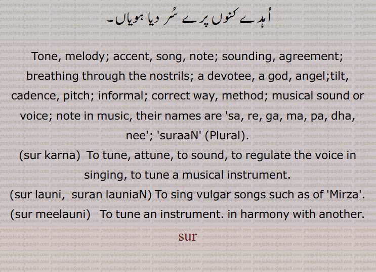 Tone, melody; accent, song, note; sounding, agreement; breathing through the nostrils; a devotee, a god, angel;tilt, cadence, pitch; informal; correct way, method; musical sound or voice; note in music, their names are 'sa, re, ga, ma, pa, dha, nee'; 'suraaN' (Plural), sur karna,sur launi,  suran launiaN,sur meelauni,سُر ,sur,  ਸੁਰ, ਕਰਨਾ,