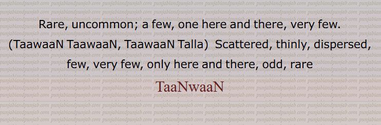 Rare, uncommon; a few, one here and there, very few,TaawaaN TaawaaN, TaawaaN Talla,Scattered, thinly,ٹانواں, ٹاواں, ٹاماں,, TaaNwaaN, TaNwaN, ਟਾਂਵਾਂ , ਟਾਮਾਂ , TaamaaN,  TaawaaN, TamaN,  TawaN, ਟਾਵਾਂ ,ਟਾਮਾਂ ,ਟਾਵਾਂ ਟੱਲਾ, ਟਾਵਾਂ ਟਾਵਾਂ