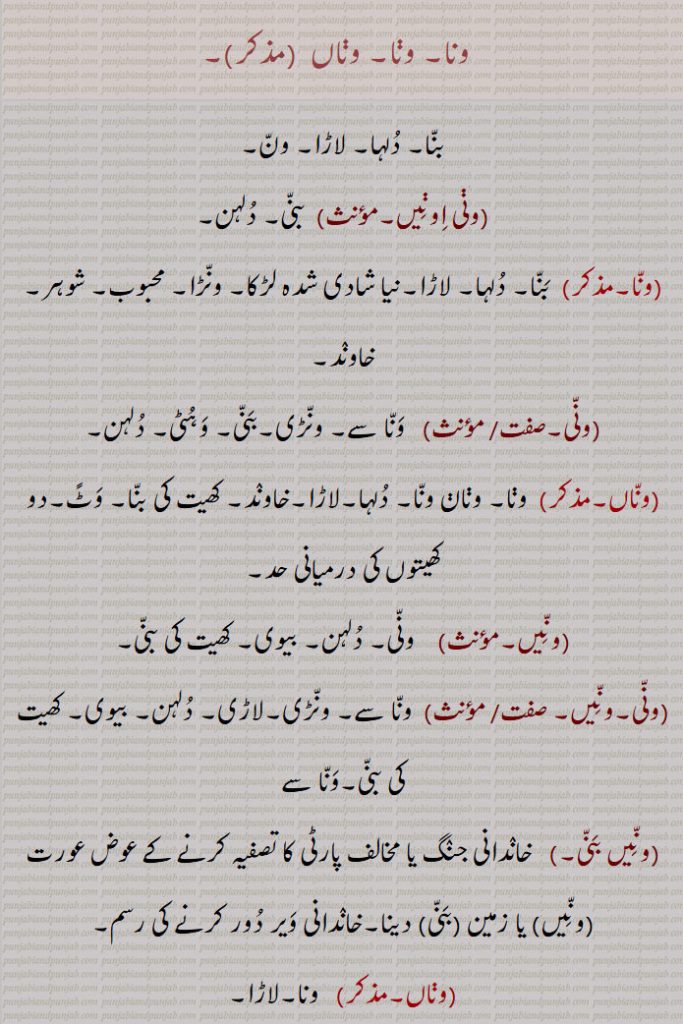 ਵਨਾਂ,ਵਨਾ, ونا, ونا, وناں بنا, دلہا, لاڑا, ون,ونی اونیں  بنی, دلہن,ونی,وناں,ونیں,ونانی, دلہن,زنانی,جنانی,,Husband, bridegroom, groom, wani, wanna, wanni, wannaaN, wanneiN, wanni,wanni, wanneiN, wana, wani, wana, wana , wanaaN