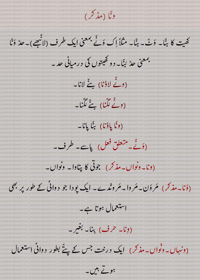 ਵਨਾਂ,ਵਨਾ, ونا ,ونے لاؤنا,ونے لگًنا,ونا پاؤنا,ونے,   پاسے, طرف,,ونا,ونواں,مرون,مروا,مروندے, بنا, بغیر,,ونہاں,ونواں,Field boundary, for example, 'hadd wanna' meaning boundary mark; a border, a side, partition, wanne launa, wanne, wanna,Vitex Negundo, marwan, marwa, mawa, marwaNde, wanhaaN, wanna,