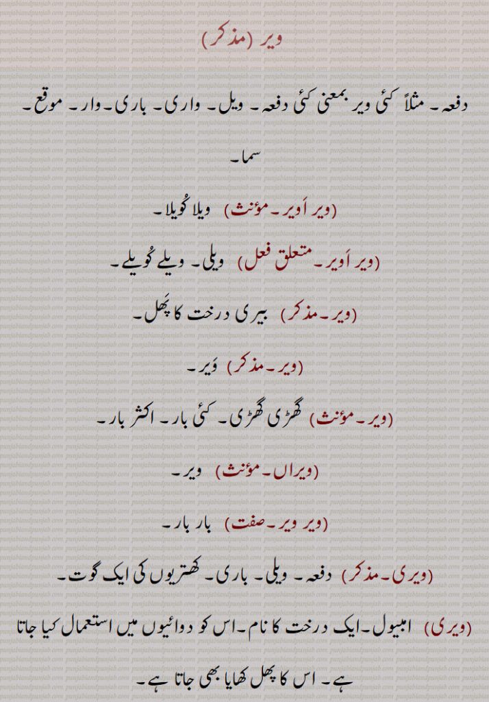  ویر ,دفعہ, مثلاً  کئی ویر بمعنی کئی دفعہ, ویل, واری, باری,وار, موقع, سما,,ویر اویر, ویلا کویلا,,ویر اویر,ویراں,ویر ویر,ویری, دفعہ, ویلی, باری, کھتریوں کی ایک گوت,, امبیول,ایک درخت کا نام,دیر, چر,سستی, غفلت, ڈھل,, Time, delay; turn, wer wer, weri,weri, The name of a tree, 'beri'; the Ber tree, weri,Pentatropis spiralis, ویر ,wer,ਵੇਰ, ਵੇਡ਼ੀ,ویری, 
