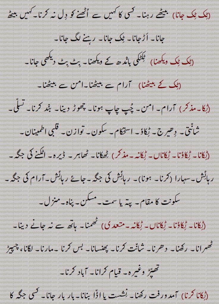 ٹک ,ٹکنا ,ٹک ٹول, ٹکا,,ٹکر,ٹکی,ٹکی ہونا, ٹک ٹک کرنا,ٹک ٹکا,ٹک ٹکاؤ,ٹک رہساں,ٹک رہنا, ٹکن,ٹک ٹک جانا,ٹک ٹک ویکھنا,ٹک کے بیٹھنا,ٹکا,ٹکانا, ٹکاؤنا, ٹکاناں, ٹکانہ,ٹکانا, ٹکاؤنا, ٹکاناں, ٹکانہ,ٹکانا کرنا,ٹکانے توں کڈھنا,ٹکانی,ٹکانیاں,ٹکاؤ,ٹکاؤ,ٹکاون,ٹکائی,ٹکٹکی,ٹکنا,ٹک جانا,ٹکو,ٹکواں,ٹکواں ٹکواں,ٹکوانا,ٹکیسی,ٹکیندا,