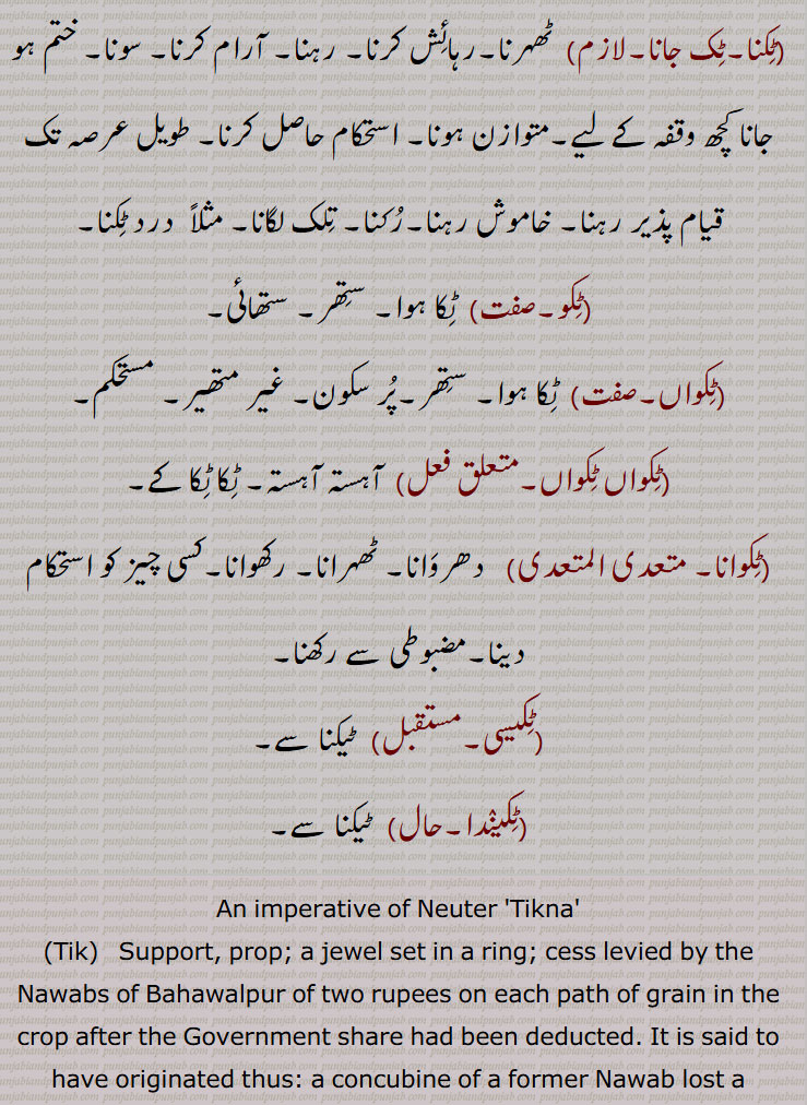ٹک ,ٹکنا ,ٹک ٹول, ٹکا,,ٹکر,ٹکی,ٹکی ہونا, ٹک ٹک کرنا,ٹک ٹکا,ٹک ٹکاؤ,ٹک رہساں,ٹک رہنا, ٹکن,ٹک ٹک جانا,ٹک ٹک ویکھنا,ٹک کے بیٹھنا,ٹکا,ٹکانا, ٹکاؤنا, ٹکاناں, ٹکانہ,ٹکانا, ٹکاؤنا, ٹکاناں, ٹکانہ,ٹکانا کرنا,ٹکانے توں کڈھنا,ٹکانی,ٹکانیاں,ٹکاؤ,ٹکاؤ,ٹکاون,ٹکائی,ٹکٹکی,ٹکنا,ٹک جانا,ٹکو,ٹکواں,ٹکواں ٹکواں,ٹکوانا,ٹکیسی,ٹکیندا,