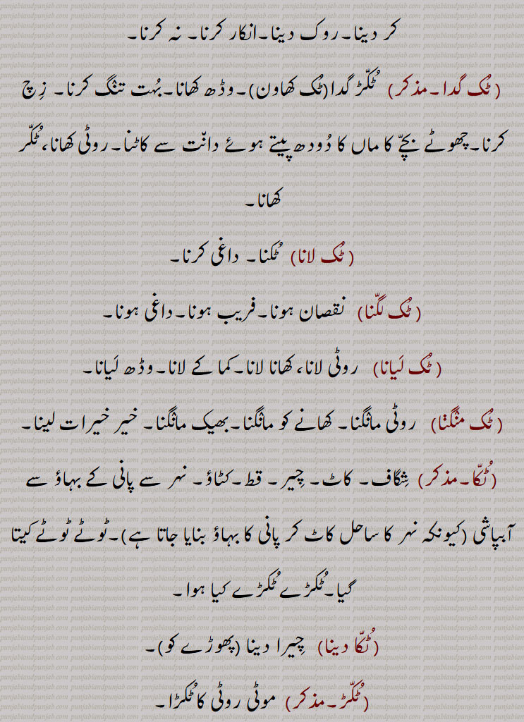 ,ٹک, ٹک , تھوڑا, چھوٹا,  ٹک ٹنبا,  ٹک ٹک سٹنا,  ٹک ٹیر, ٹک حرام دا, ٹک دینا, ٹک گدا,ٹک کھاون, ٹک لانا, ٹک لگنا, ٹک لیانا, ٹک منگنا,