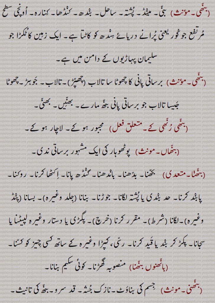 ,وٹاں, ٹَھلھ, کھیت کا پانی ایک کیارے سے دُوسرے کیارے کی طرف موڑنے کے لیے آڈ میں جو مٹی کا بند لگایا جاتا ہے,طُغیانی کے پانی کو روکنے کے لیے بنایا گیا پُشتہ, ندی، دریا کے پانی کو قابُو میں رکھنے کے لیے بنائی گئی بہت اُونچی دِیوار,شلوار وغیرہ باندھنے کی جگہ,بنھ بنھائی,بنھ بنتر,بنھ بنھنا,بنھ بہانا,بنھ پَینا,بنھ تِیلِیاں,بنھ بجھنا,بنھ ٹُٹنا,بنھ ڈِھلے ہونا,بنھ بنھی
