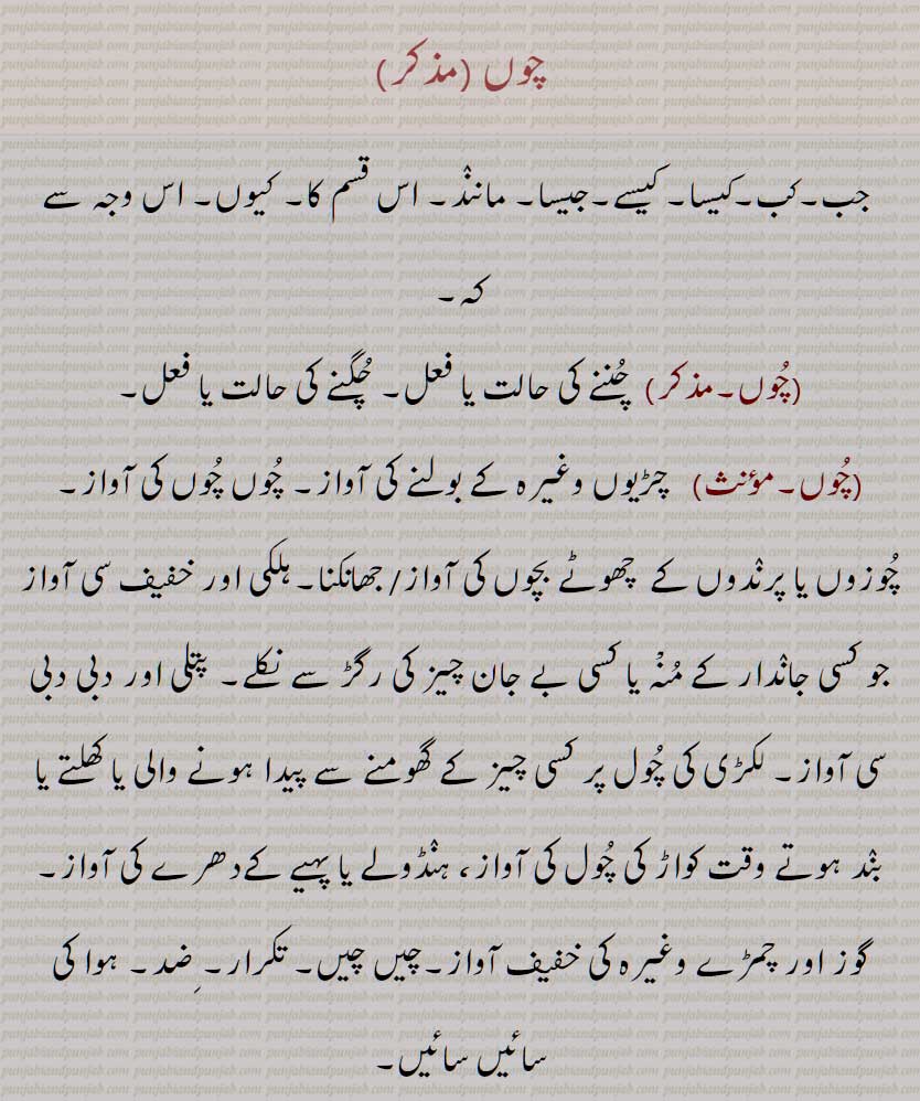 چوں,  جب,کب,کیسا, کیسے,جیسا, مانند, اس قسم کا, کیوں, اس وجہ سے کہ,, چوں چاں,چوں چرا,چوں چراں,, چوں چاں کرنا, چوں چگوں / چگونہ, چوں کرنا, چوں نہ کرنا, چوں چوں دا مربہ,