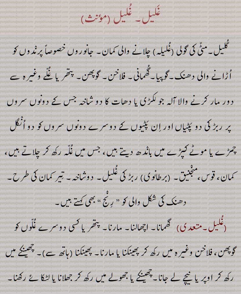 غُلیل, غلیل,گلیل,مٹی کی گولی (غلیلہ) چلانے والی کمان, جانوروں خصوصاً پرندوں کو اڑانے والی دھنک,گوپیا,گھمانی, فلاخن, گوپھن,، کمان، قوس،منجنیق, ربڑ کی غلیل, دوشاخہ, تیر کمان کی طرح,,غلیل بازی,غلیلڑا,غلہلچن,غلیلچی,غلیلن,غلیلہ,غلیلی,غلیلٖیا,غلیلیانی,