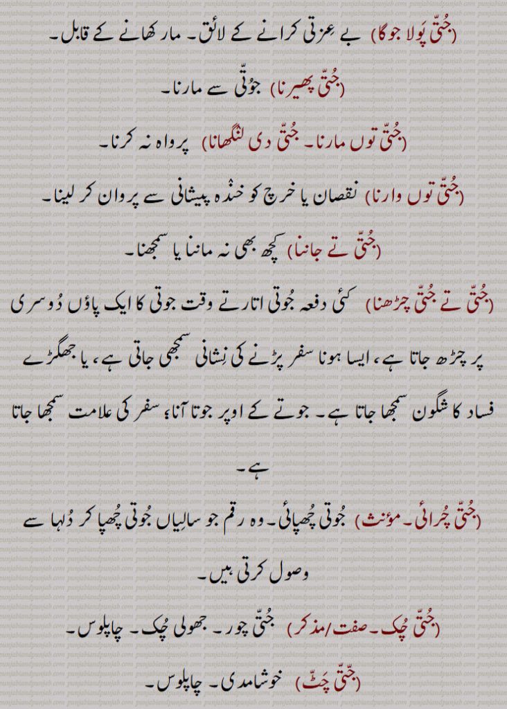 ,جتی پولا جوگا,جتی پھیرنا,جتی توں مارنا, جتی دی لنگھانا,جتی توں وارنا,جتی تے جاننا,جتی تے جتی چڑھنا,جتی چرائی,جتی چک,جتی چٹ,جتی چٹنی,جتی چلنی,جتی چور,جتی چک,