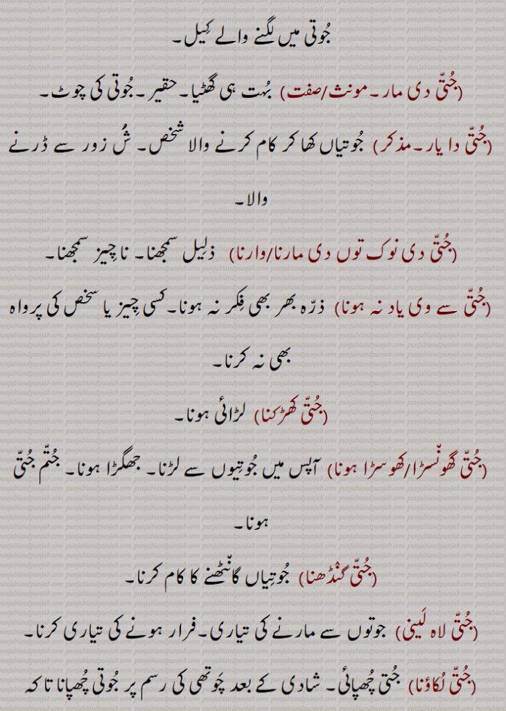 ,جتی دا یار,جتی دی نوک توں دی مارنا/وارنا,جتی سے وی یاد نہ ہونا,جتی کھڑکنا,جتی گھونسڑا/کھوسڑا ہونا,جتی گنڈھنا,جتی لاہ لینی,جتی لکاؤنا,  جتی چھپائی,,جتی لکائی,جتی لگنی,