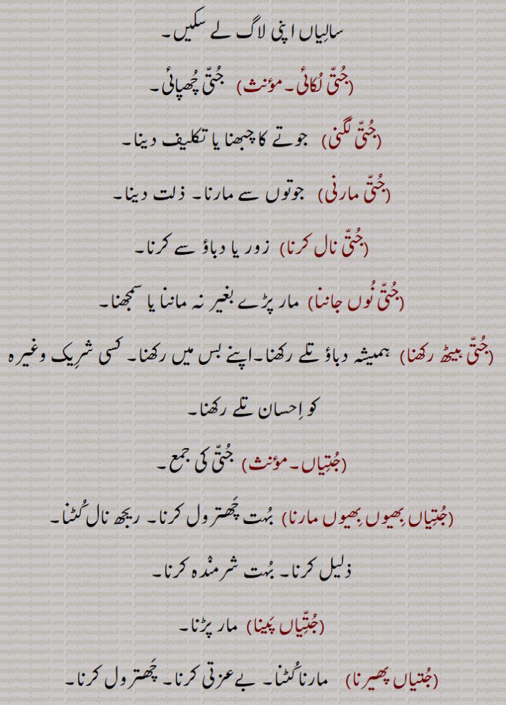 ,جتی مارنی ,جتی نال کرنا,جتی نوں جاننا,جتی ہیٹھ رکھنا,جتیاں,جتیاں بھیوں بھیوں مارنا, جتیاں پینا,جتیاں پھیرنا,جتیاں تڑانا,